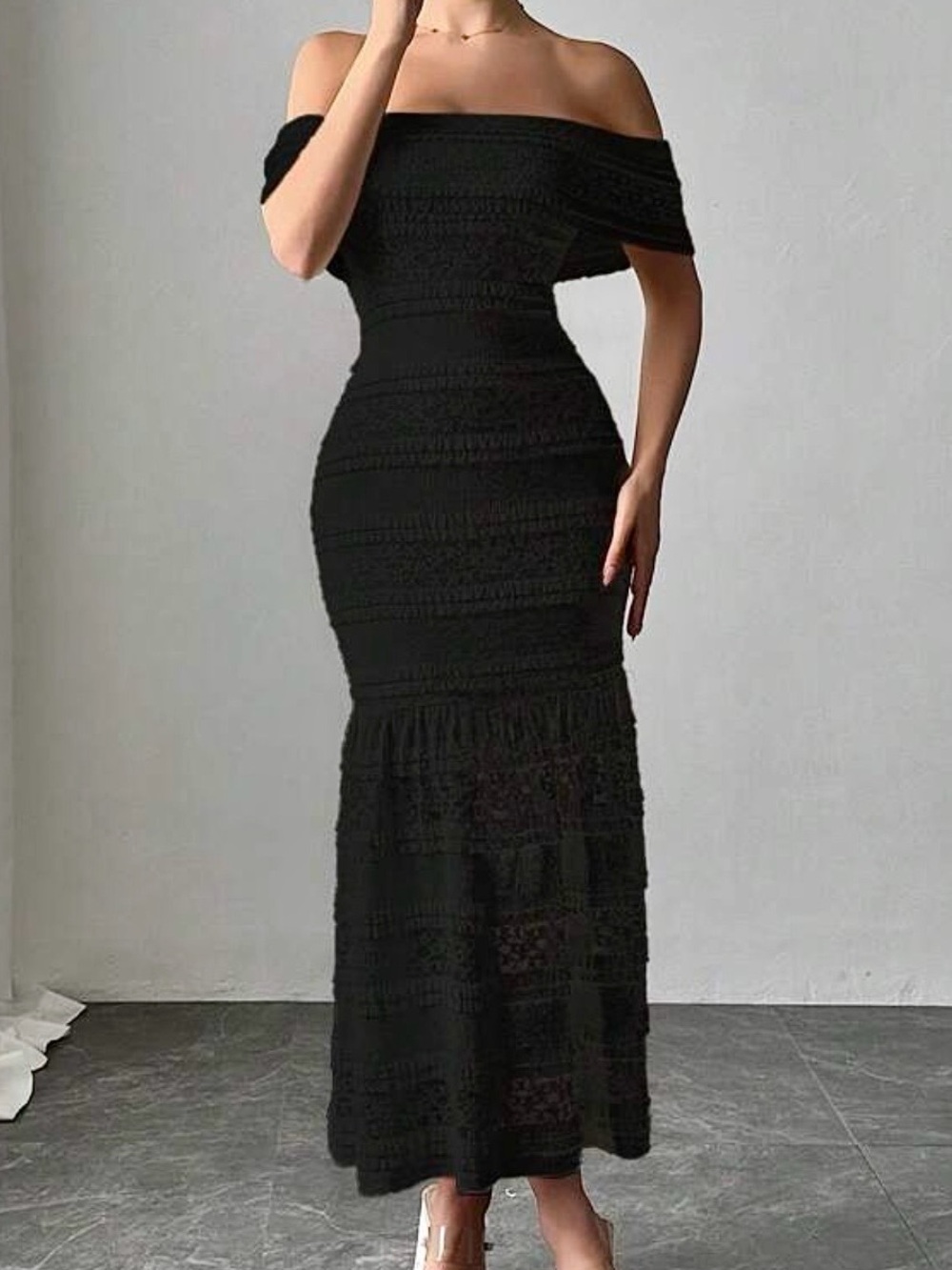 Off-Shoulder Black Lace textured stretchy midi Dress